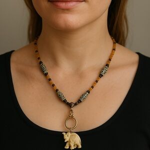 Elephant Bead Necklace Animal Print 17” long toggle closure